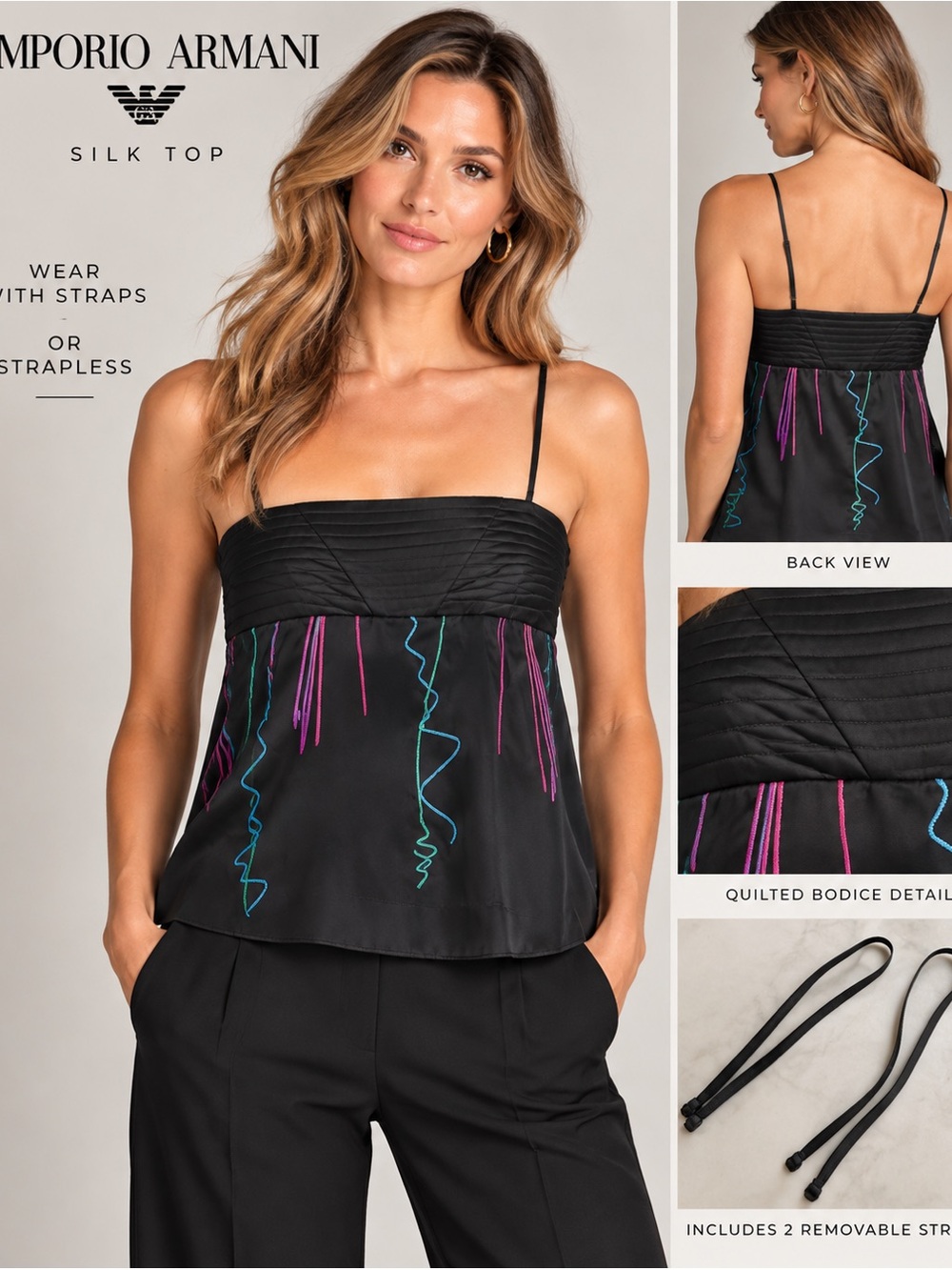 Emporio Armani NWT Silk Top Removable Straps Black MultiSize